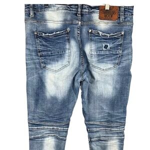 Smugglers Moon Mens Moto Biker Jeans Distressed Patched Blue Denim 38/32